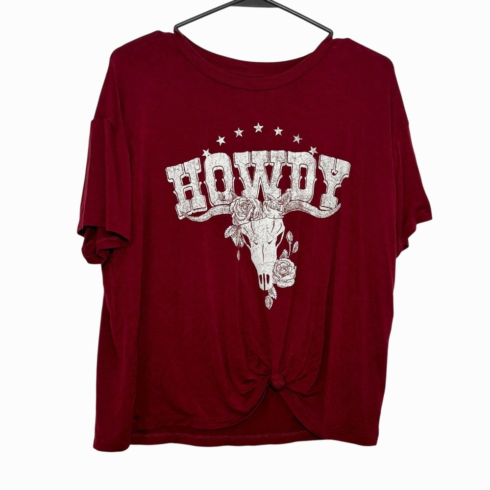 True Craft Womens Maroon Howdy Graphic Tee Steer Skull Rose Knot Front Shirt L
